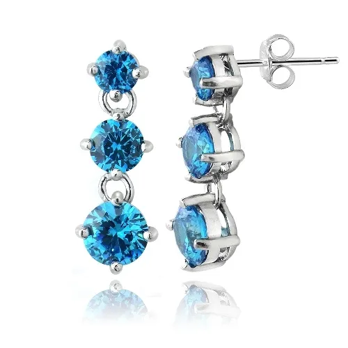 Sterling Silber Blau CZ Drei Stein Dangle Ohrringe