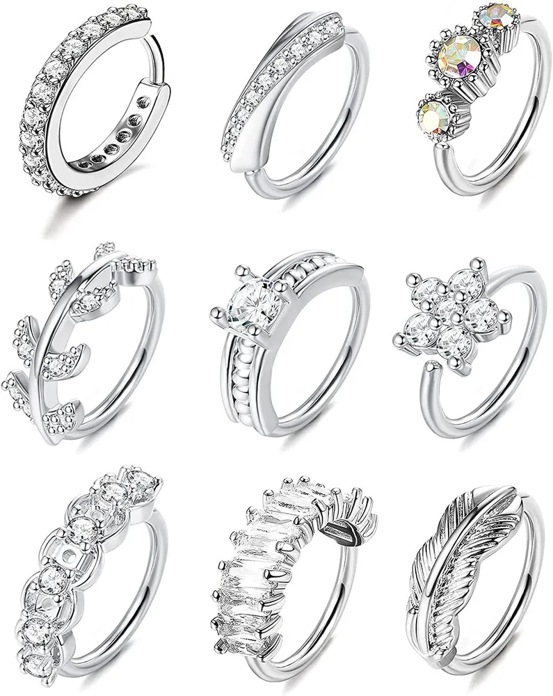 9pcs 20G Nasenringe Schreifen für Frauen Chirurgisch gepflastert CZ Knorpel Helix Tragus Hoop Daith Ohrringe Körper Piercing für Nasen Ohr