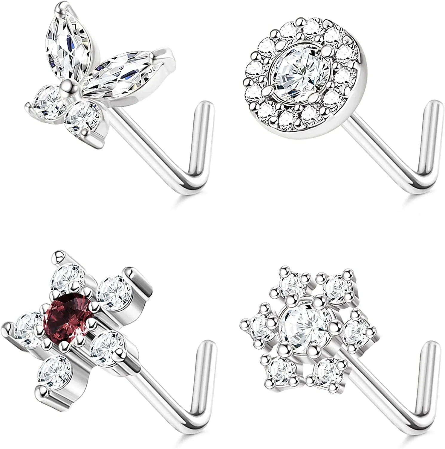 4Pc 925 Sterling Nose Studs Frauen Männer 20G L Form Nasenringe CZ Mond Stern Blumen Schmetterling Schraube Nasen Piercing Schmuck