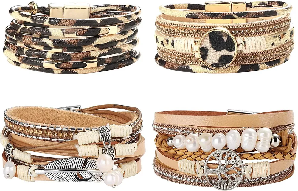 Leopard Armbänder für Frauen Baum des Lebens Leder Armband Multilayer Breite Leder Wrap Armband