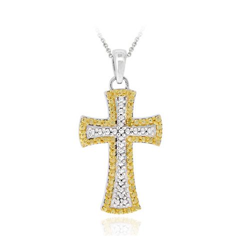 Sterling Silber Zwei-Ton Gelb Diamant Akzent Kreuz Anhänger