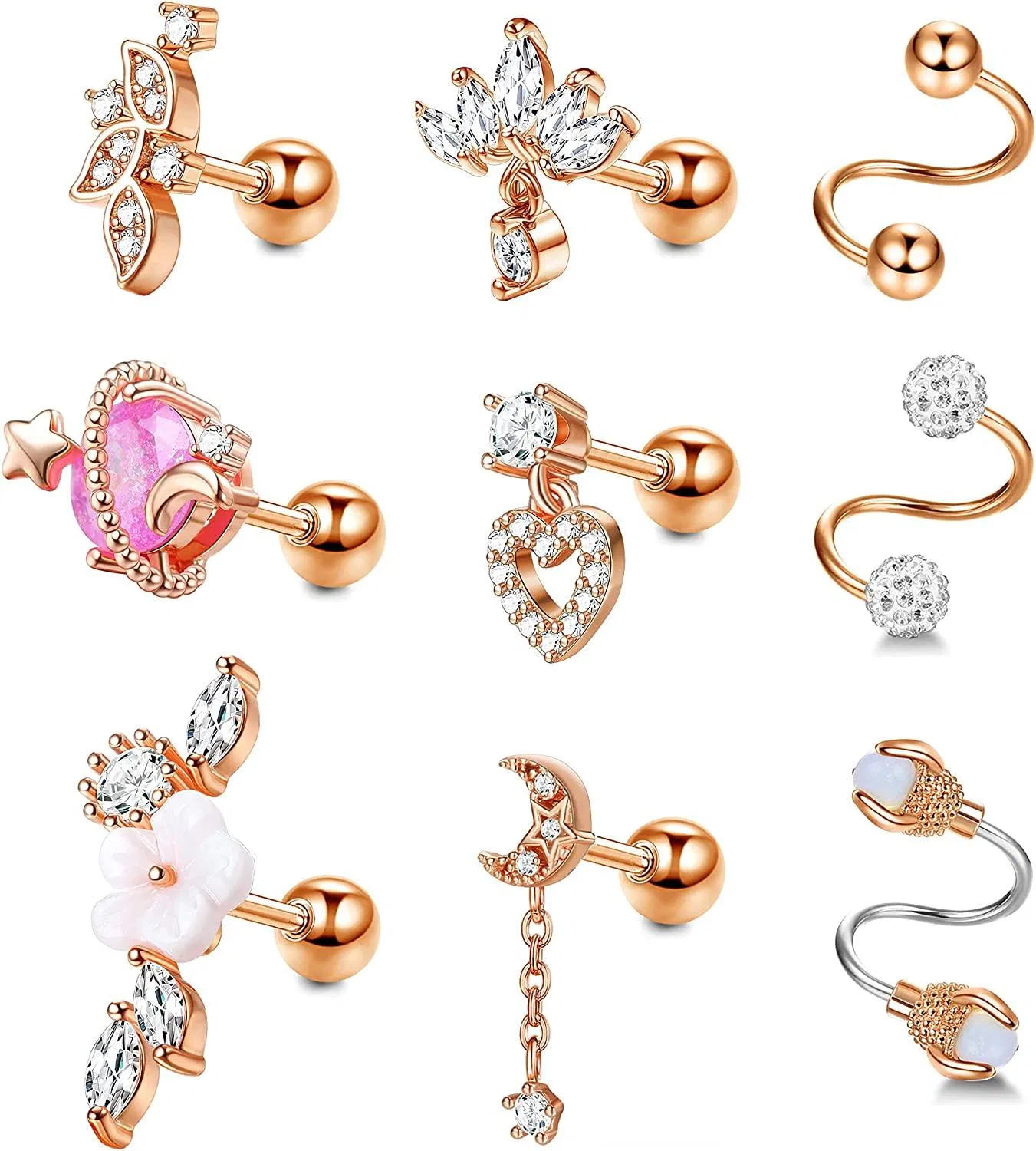 9 Stück 16G Knorpel Ohrringe für Frauen Edelstahl Helix Knorpel Tragus Muscheln Daith Stud Piercing CZ Opal Herz Mond Blume Dangle Twisted Spiral Knorpel Ohrringe Set