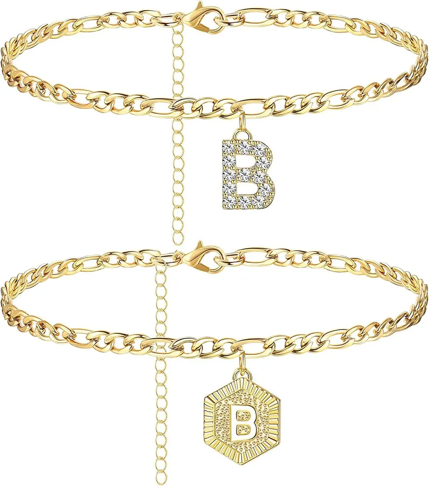 Anfängliche Knöchel-Armbänder für Frauen; Edelstahl-Schicht Figaro-Kettenbrief Anfängliche Knöchel-Armbänder mit Buchstaben-Alphabet für Frauen Mädchen (2Pcs)