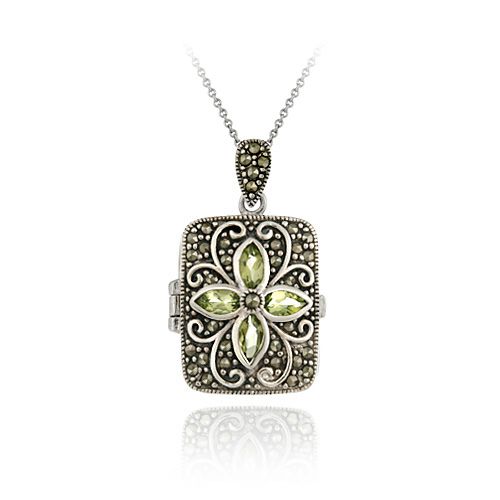 Sterling Silber Marcasite & Peridot Blumen Locket Anhänger