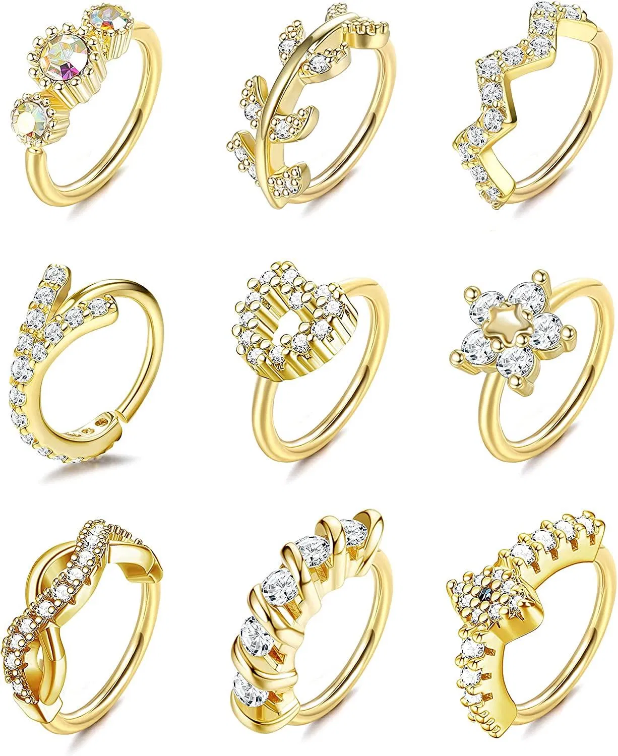 9PCS 20G Nasenringe Schleife für Frauen Männer Edelsteinpflastert CZ Blatt Herz Blumen Crawler Helix Knorpel Ohrringe Schleife Nase Ohr Piercing