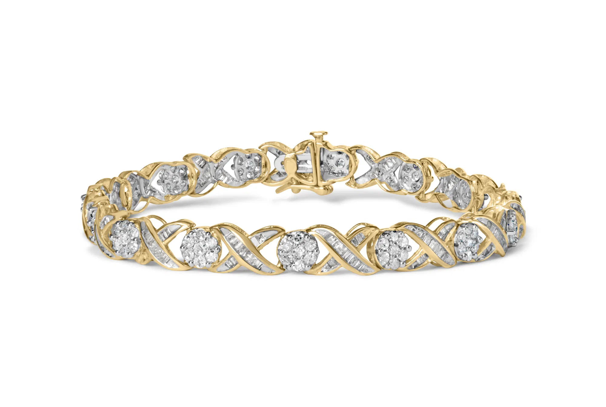 10 Karat Gelbgold 3,00 Cttw Round-Cut und Baguette-Cut Diamant 'XOXO' Floral Design Armband (J-K Farbe, I1 - I2 Klarheit)
