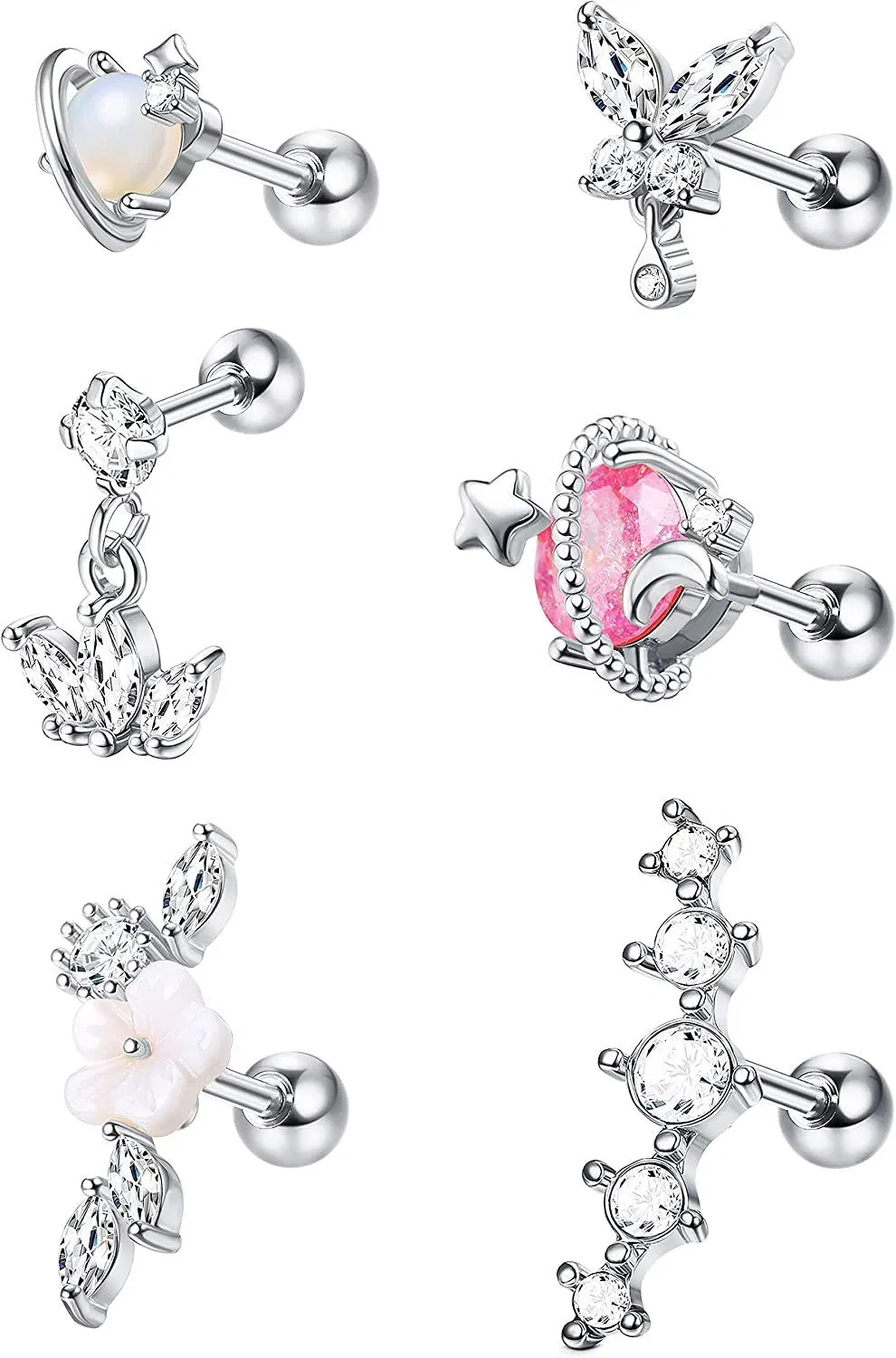 6 Stück 16G Edelknorpel Ohrringe für Frauen Männer Kubik Zirkonia Knorpel Stud Ohrringe CZ Opal Helix Tragus Daith Conch Ohrringe Piercing Schmuck