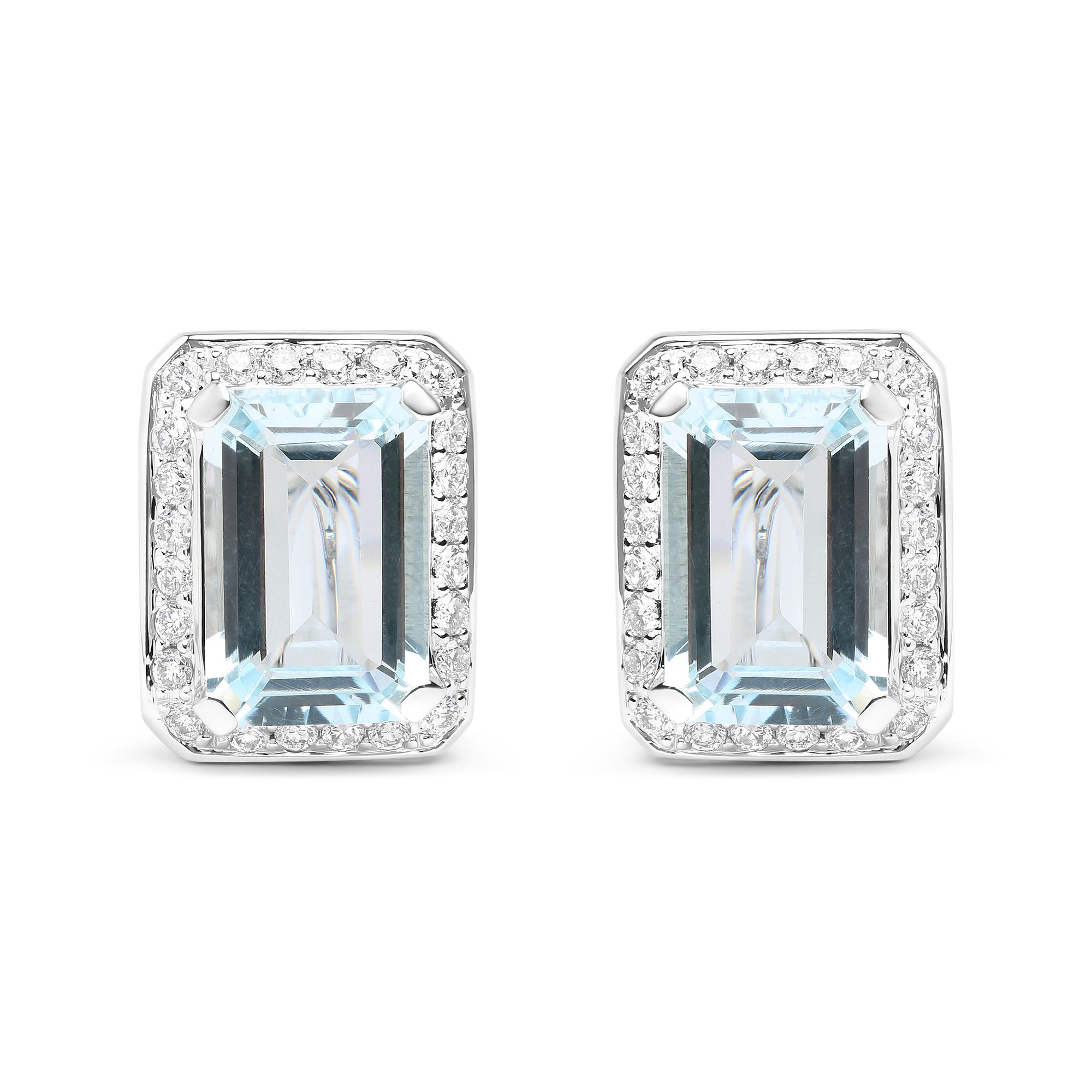 18 Karat Weißgold 3/4 Cttw Runder Diamant und 13x9mm Smaragd Schneid Blau Aquamarine Edelstein Halo Omega Stud Ohrringe (G-H Farbe, SI1 - SI2 Klarheit)