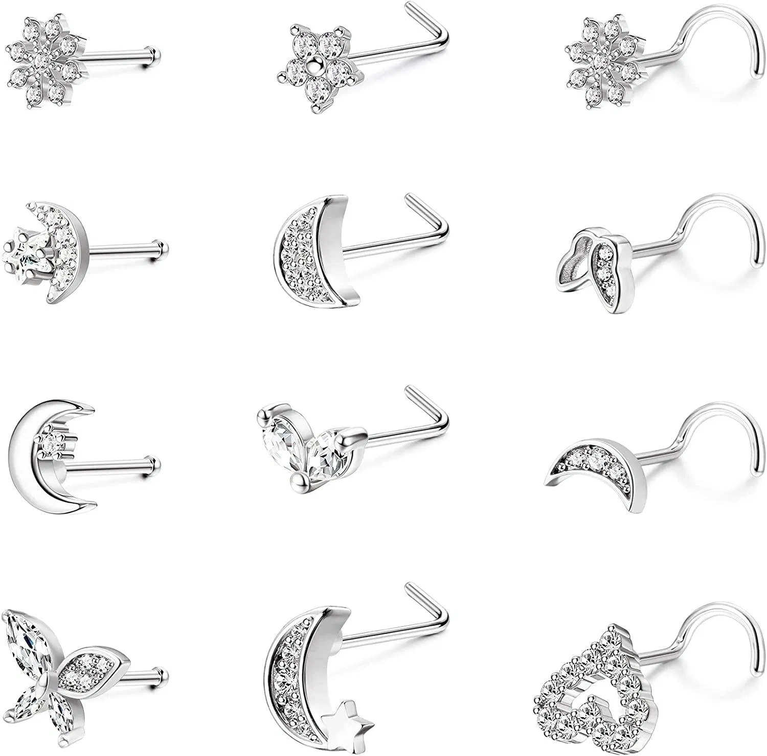12Pcs 20G Edelstahl Nasenringe Stud L-Form Mond Stern Schmetterlingsblumen Schneeflocken CZ Nasen Körper Piercing Ring für Frauen Männer