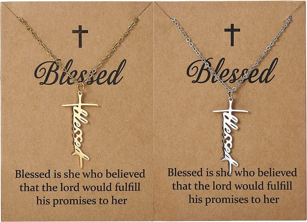 2PCS Glaube Kreuz Halskette Gesegnete Hoffnung Stärke Anhänger Halskette Silber Gold Edel Kreuz Halskette Christliche religiöse Inspirationsgeschenk für Frauen Mädchen