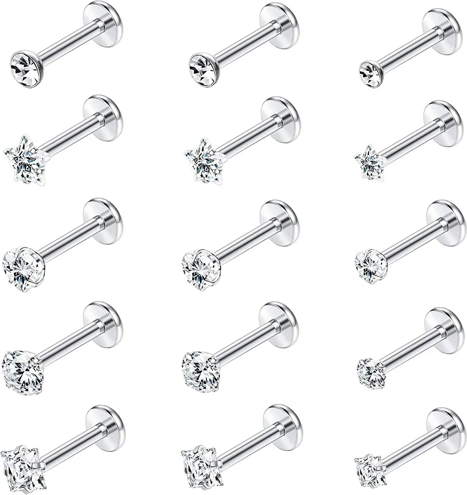15Pcs 16G Vorwärtshelix Knorpel Tragus Ohrring Stangen Innere Gewinde Labret Monroe Lippenringe Edelstahl Clear Acrylic Barbell Piercing Set