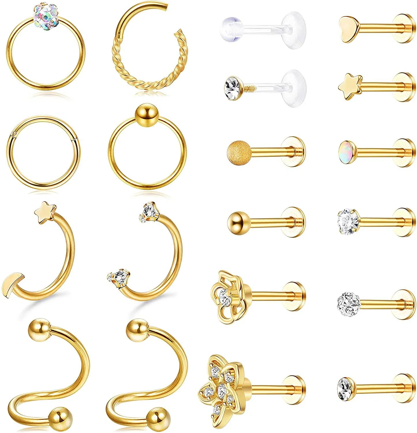 20Pcs 16G Tragus Ohrringe Studs Edelstick Lippenringe Labret Studs Knorpel Helix Ohrring CZ Kugeln Blume Nasenring Medusa Monroe Piercing für Frauen Männer