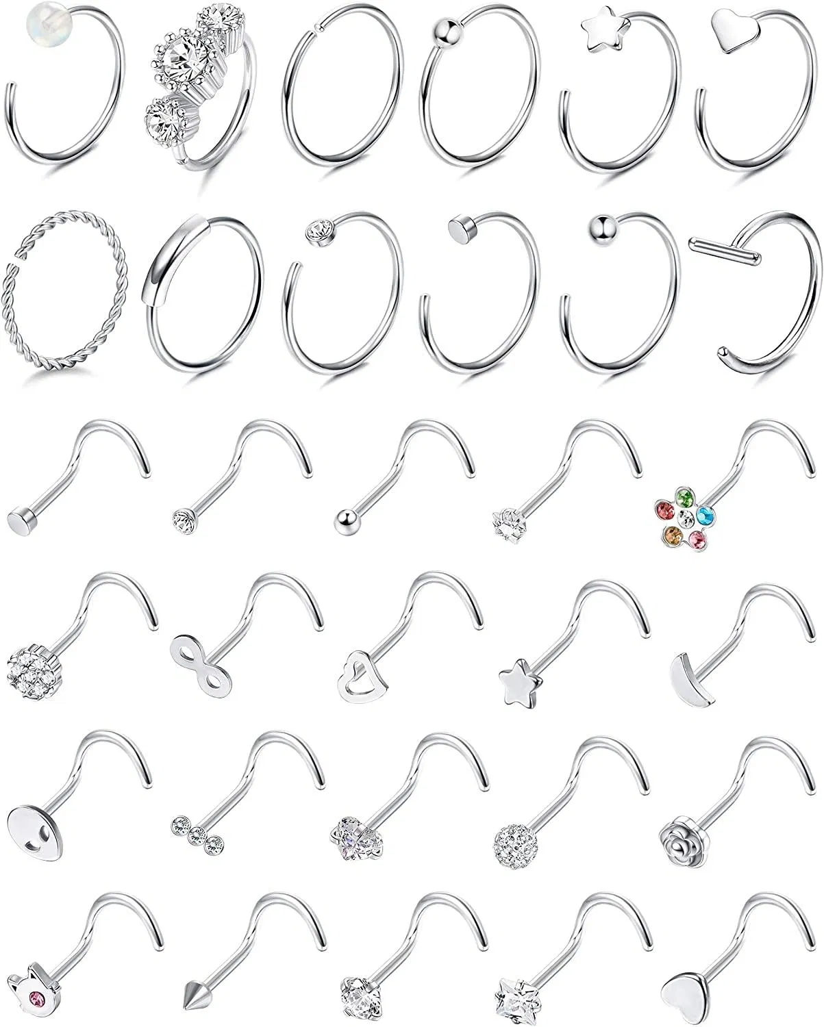 32 Stück 20G Nasenringe für Frauen Männer Edelstahl Nasenring Hoop Knochen L-geformte Schraube Nasen Stud Set Plated Nose Piercing Schmuck