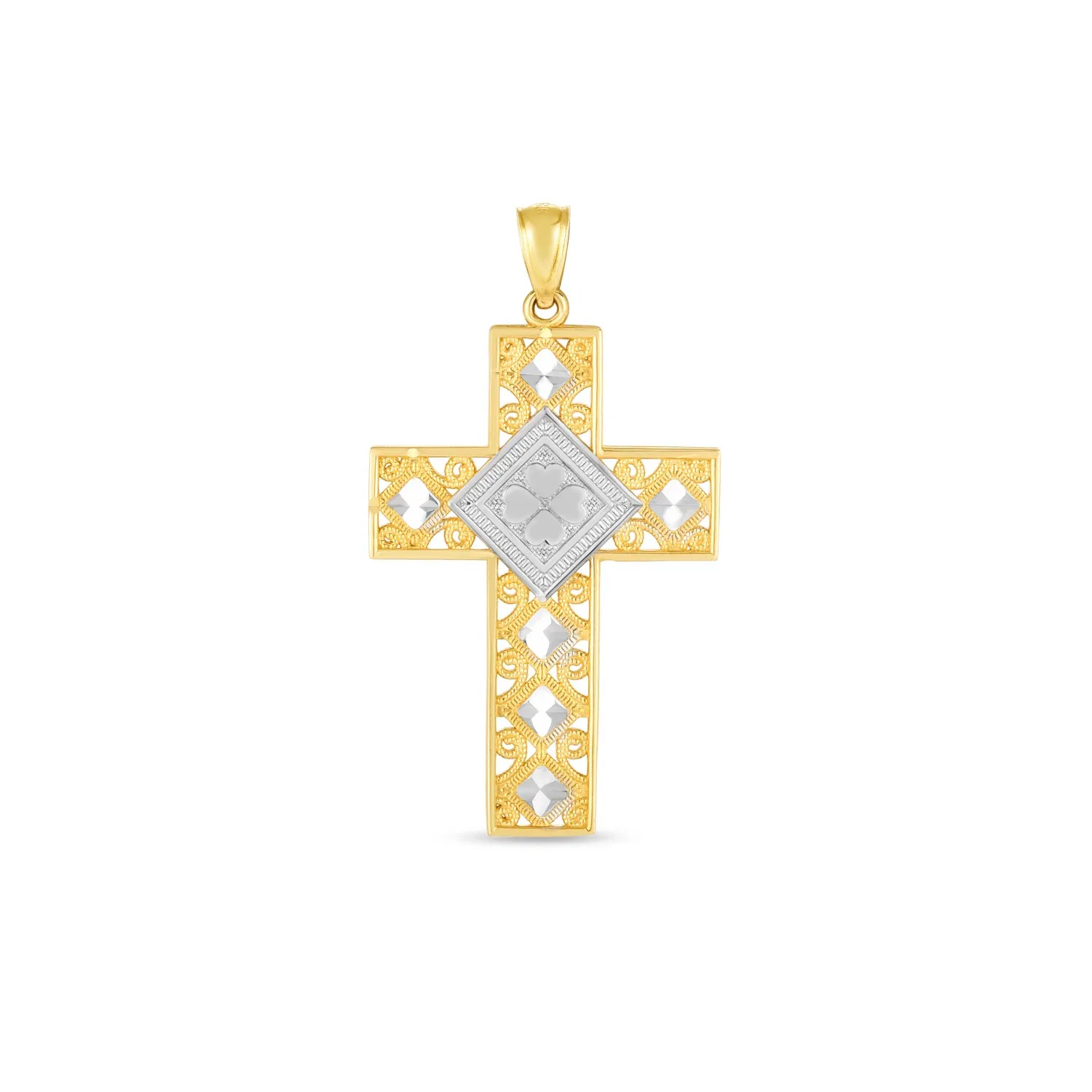 14 Karat Zwei-Ton - Gold High Polish Diamond Cut Cross Anhänger