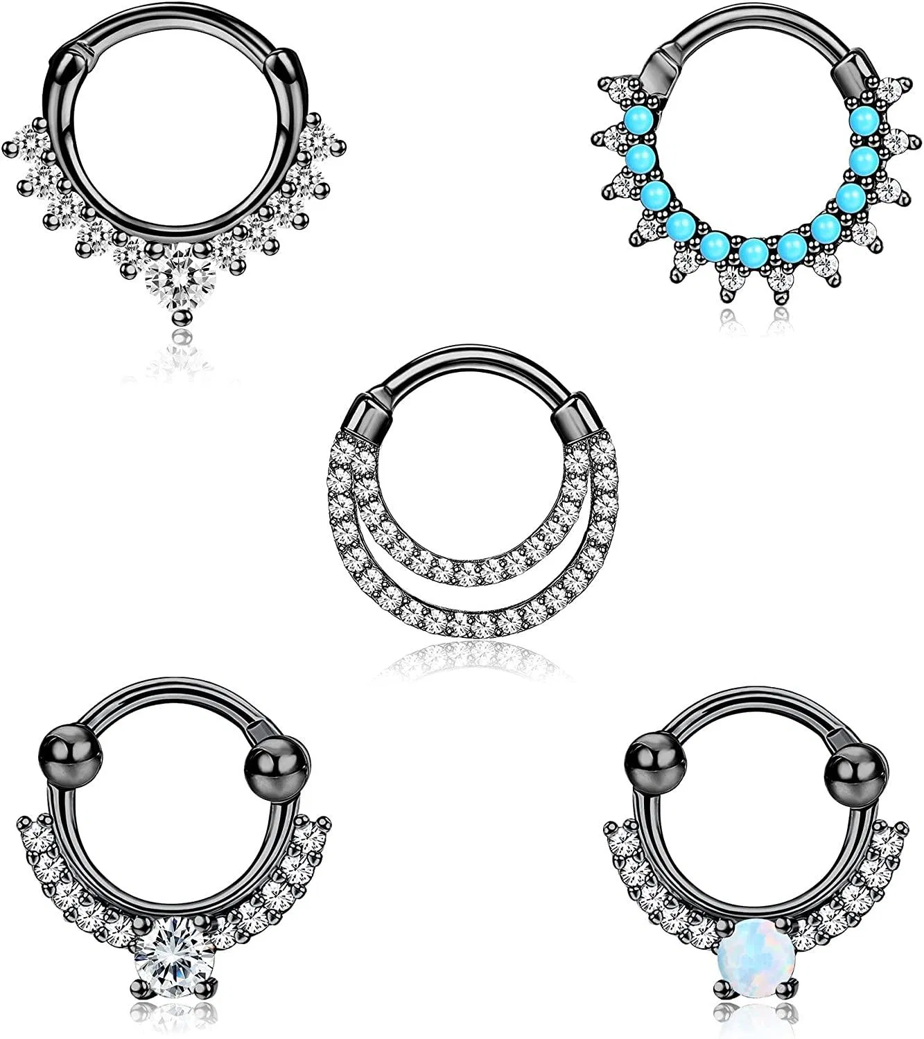 5PCS 16G Septum Ringe Opal Daith Ohrringe Hoop Nose Ringe 316L Edelstahl CZ Knorpel Helix Tragus Ohrringe Septum Clicker Piercing Jewelly 8MM
