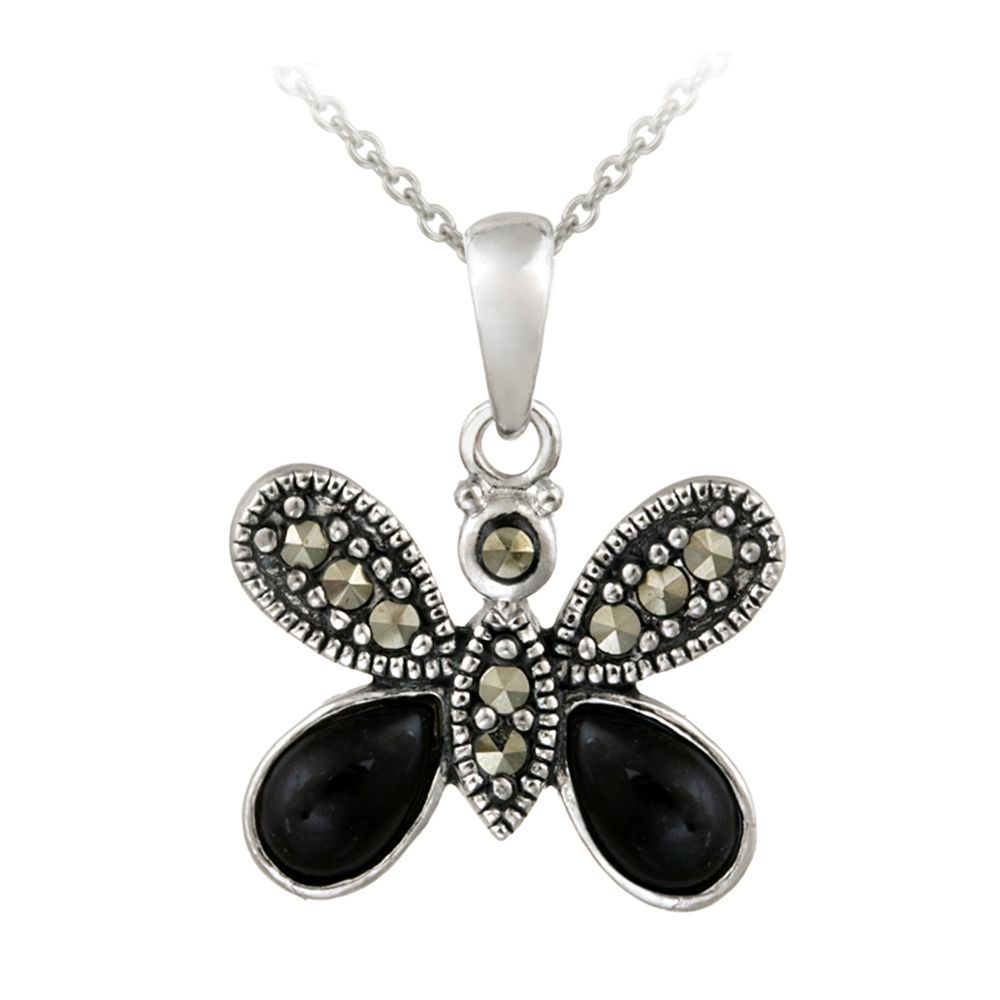 Sterling Silber Marcasit & Onyx Schmetterlings-Hänger