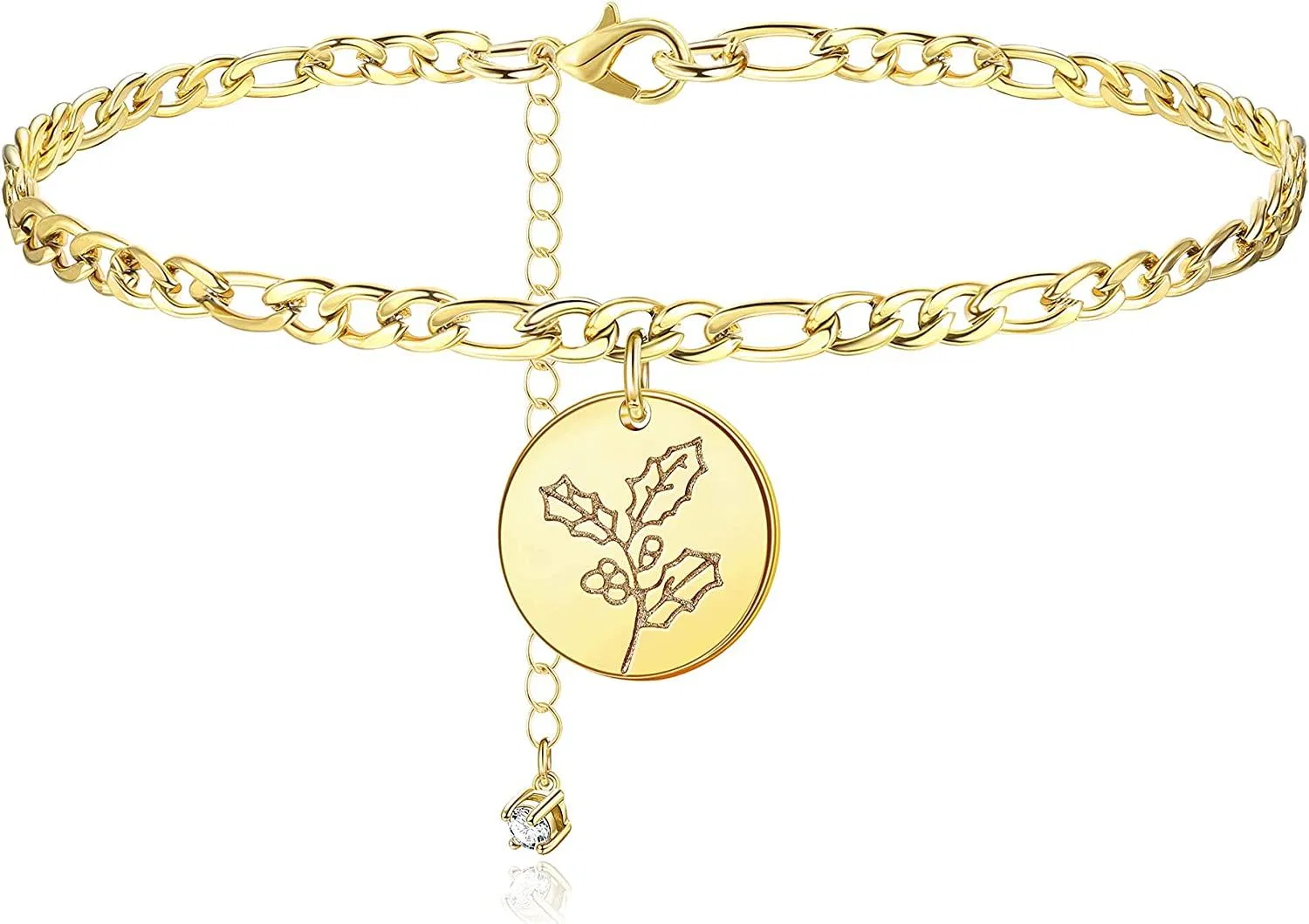 Geburtsmonat Blumen Ankleber Armbänder für Frauen Figaro Kette Knöchel 14K Gold beschichtet Dainty Geburtsmonat Blumen Disc CZ Verstellbares Ankleber Frauen Sommer Strand Fuß Muttertag mit Geschenk