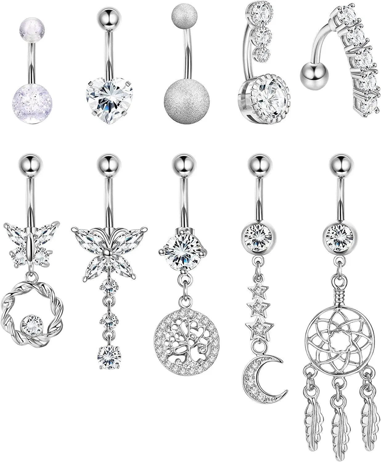 10pcs 14G Bauchknopfringe Dangle 316l Edelstahl Bauchringe für Frauen CZ Crystal Bauch Bars Kurven Nabelring Barbell Body Piercing