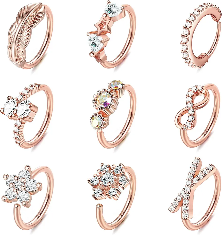 9CS 20G Nasenringe Schleife für Frauen Männer Edelsteinpflastert CZ Blatt Schmetterlingsblume Nasenschleife Ringe Crross Knorpel Helix Ohrringe Körper Piercing Schleife für Nasen Ohr