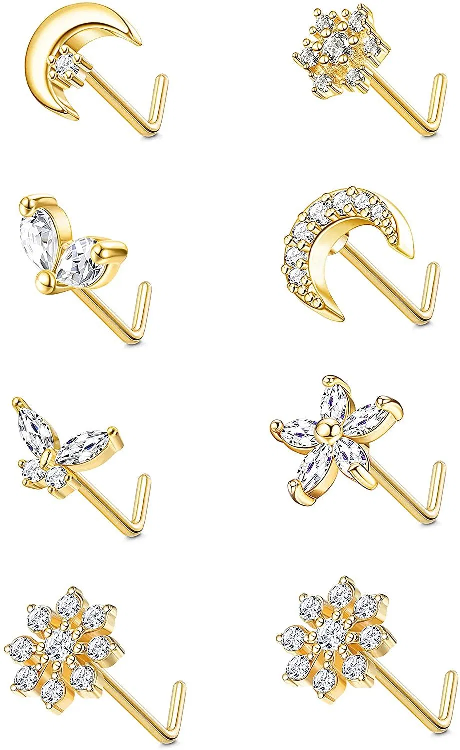 8 Stück 20G Nasenstafel für Frauen 316L Edelstahl L-förmige Nasenringe Stud CZ Schmetterlingsblume Schneeflocke Mond Nasenring Körper Piercing für Männer