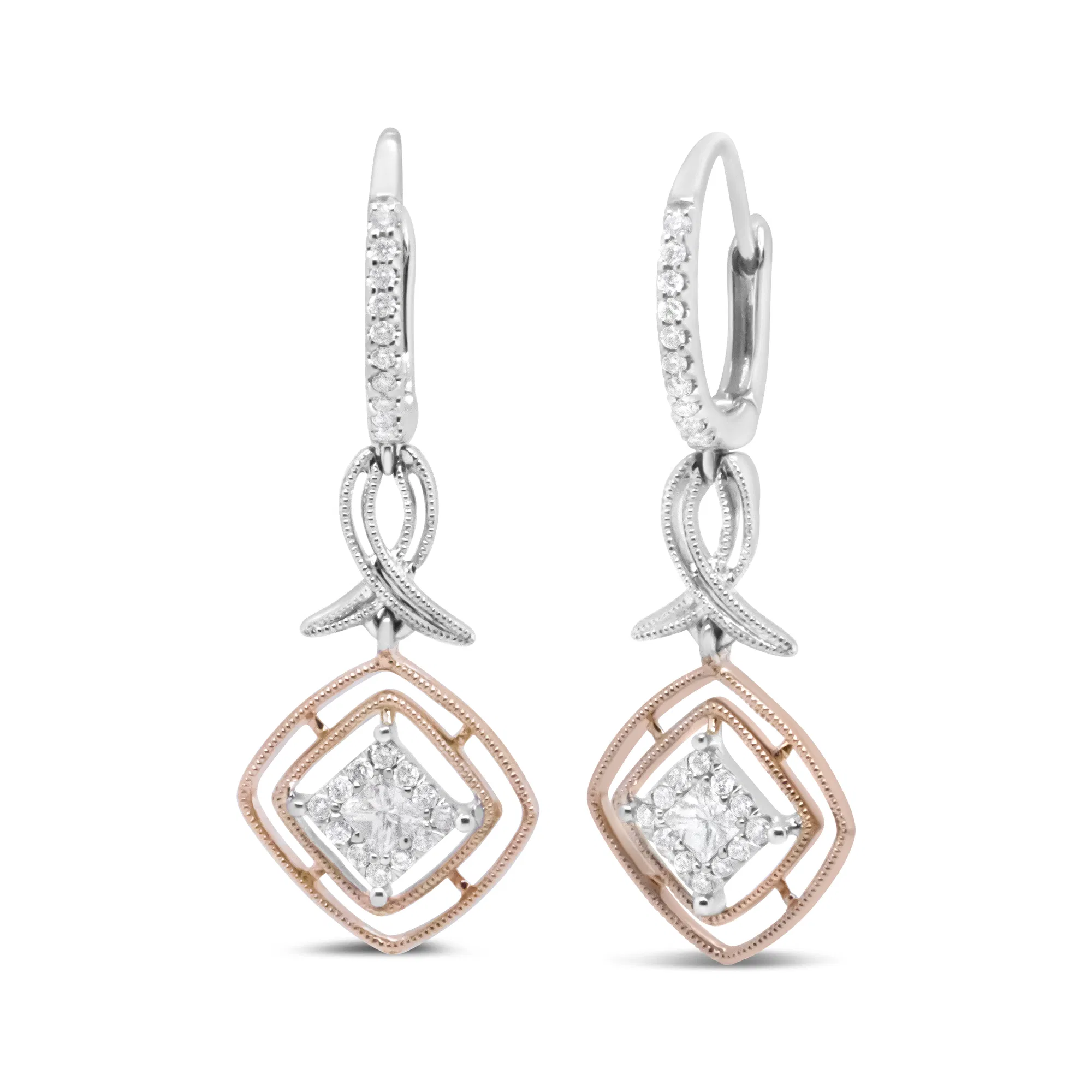 14 Karat Weiß - und Rosegold 1/2 Cttw Round und Princess-Cut Diamant Openwork Marquise Ribbon Dangle Ohrring (G-H Farbe, SI2 - I1 Klarheit)