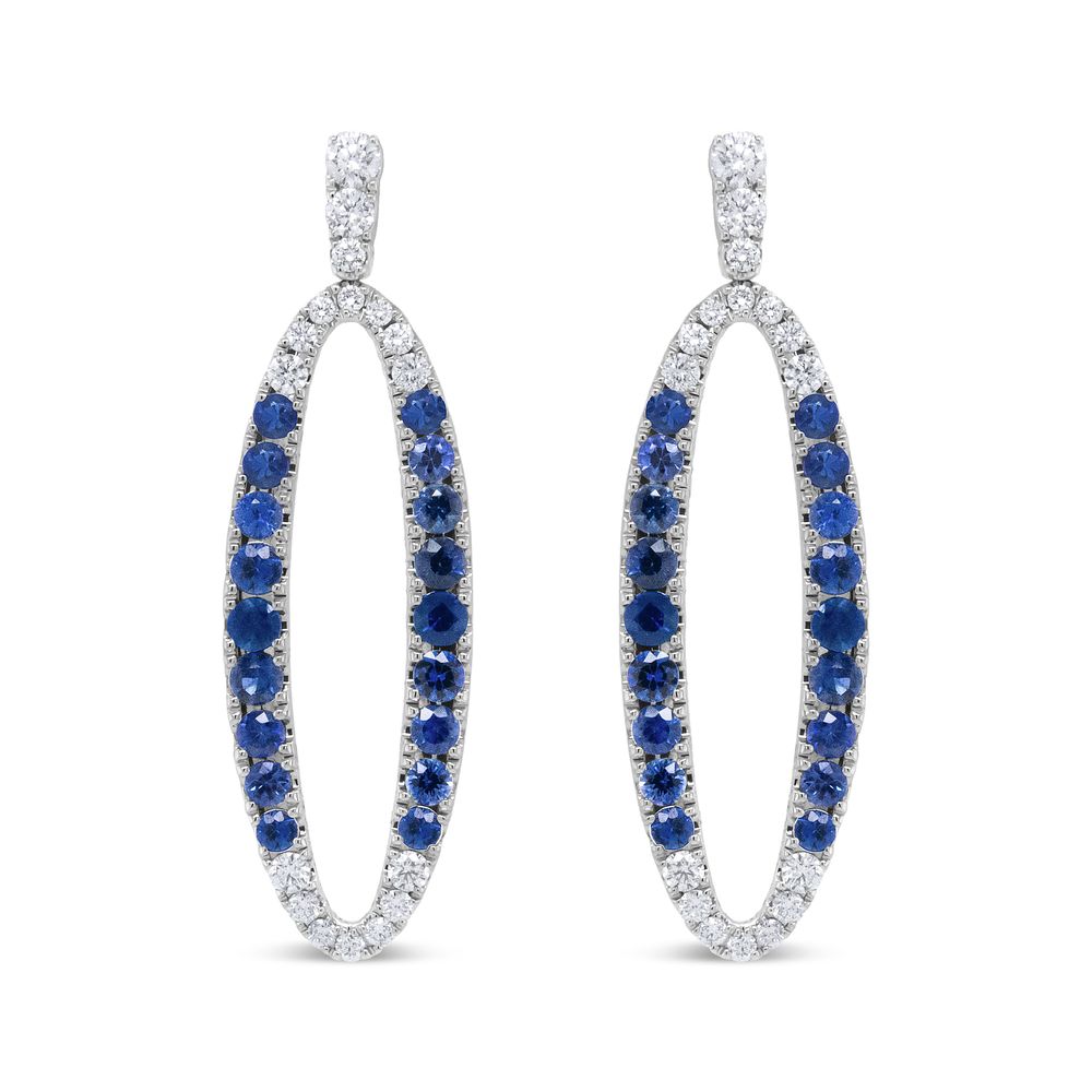 18 Karat Weißgold 1,11 Cttw Blauer Runder Diamant und Blauer Saphir Openwork Oval Shape Dangle Ohrringe (F-G - Farbe, VS1 - VS2 Klarheit)