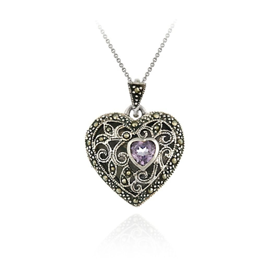 Sterling Silber Marcasit und Amethyst Filigree Heart Locket Anhänger