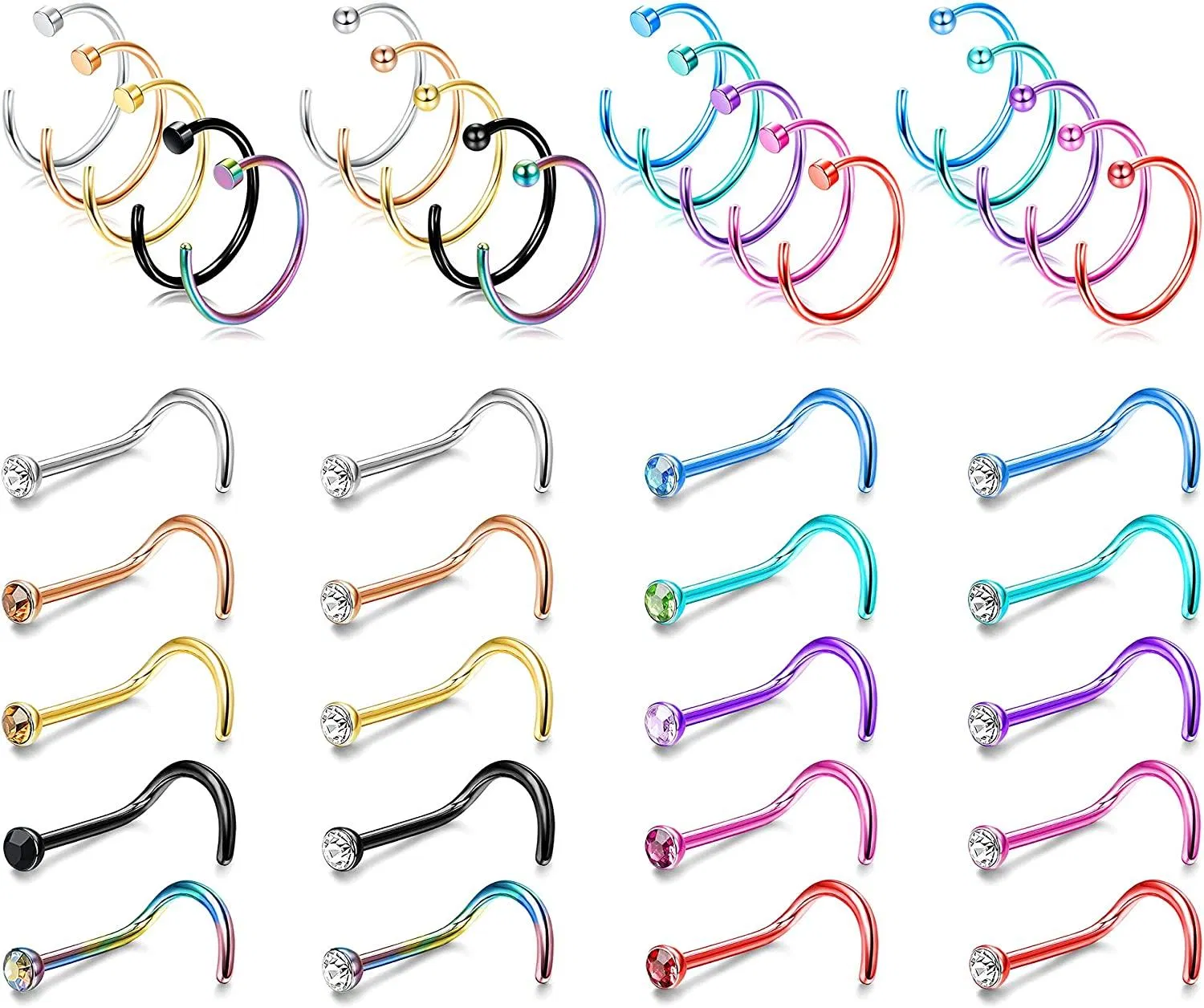 40pcs Nasenringe Stud Edelstahl Nasenringe Hoop Schraube geformte Nasen Piercing für Frauen Männer 18G 20G