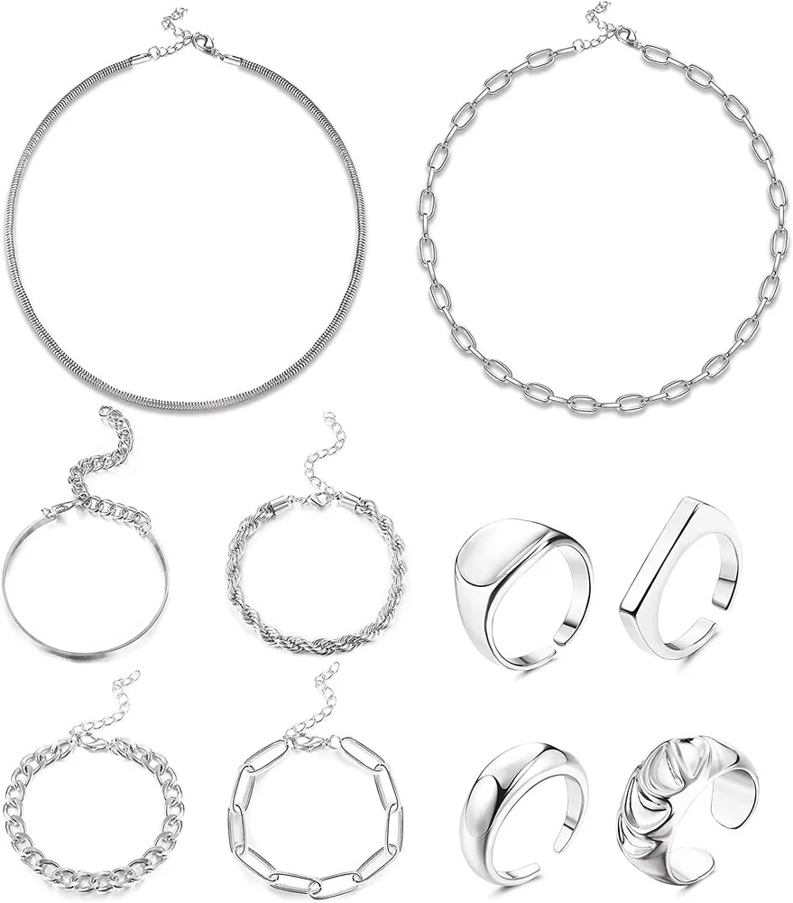 10pcs Goldketten-Kette - Armband-Set & Open Dome-Ringe - Set für Frauen Männer Dainty Adjustable Cuban Link Paperclip Choker Armbänder Armband Schmuck