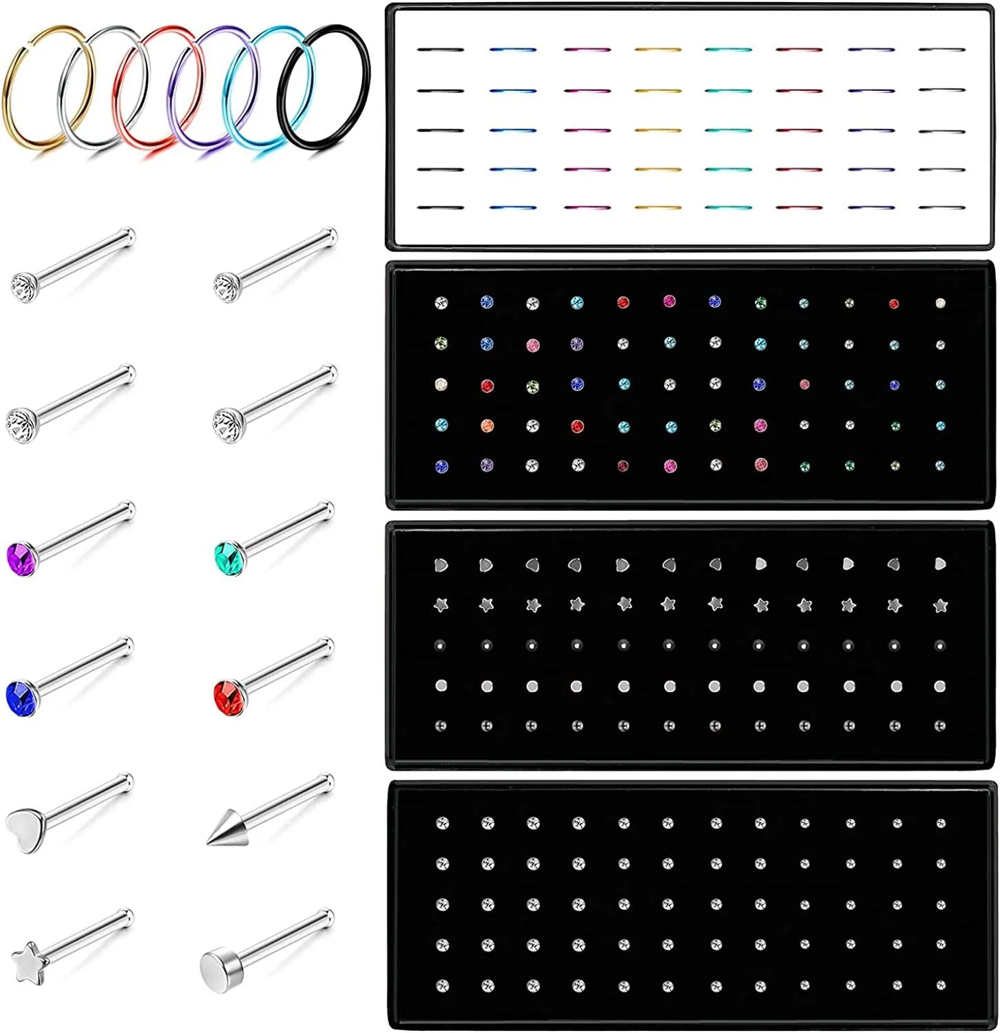 MIRO 160 - 220 PCS Nasenringe Studs für Frauen Männer 316L Edelstahl Kristall Nasen Piercing L-förmige Nasen Studs Ring Hoop Knochen Studs Körper 20G 1.5MM 2.0MM 2.5MM