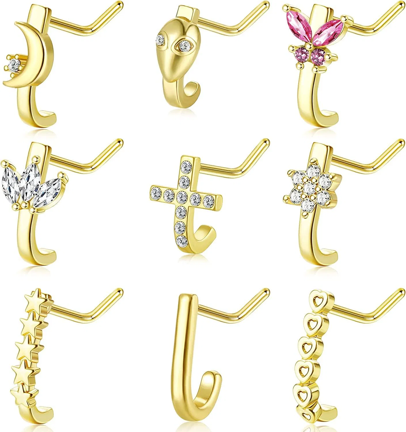 9pcs 20G Nasen-Stapf Nasenringe L-Form für Frauen Edelstahl-Nase - Studs Kubik-Zirkonium - Stern Alien-Blumen - Nasen-Piercing - Set