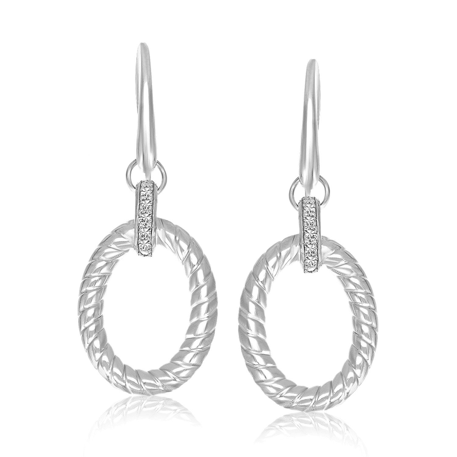 Sterling Silber Rhodium Finished Diamond Verzierter Oval Rope Drop Ohrringe