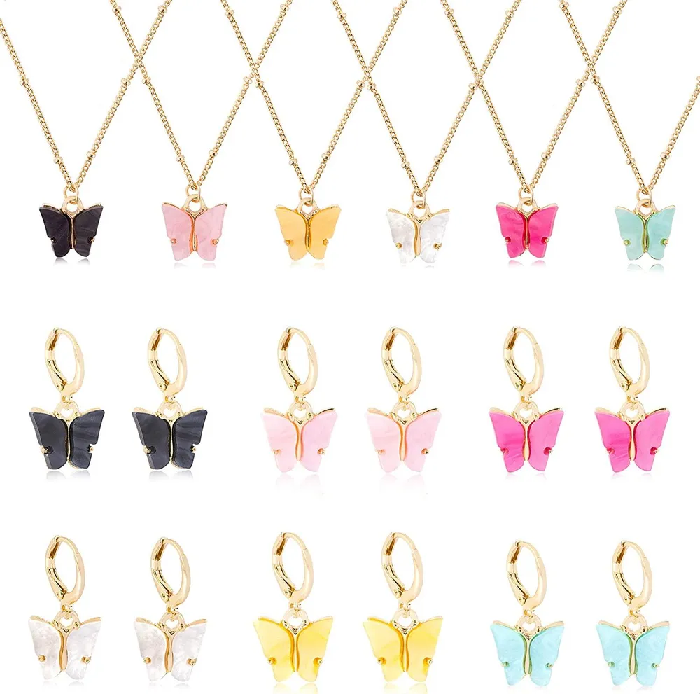 6 Paare Schmetterlings-Ohrringe 6 Stück Halskette-Set für Frauen farbenfrohe Acryl Drop-Ohrringe süße Anhänger-Kette - Set