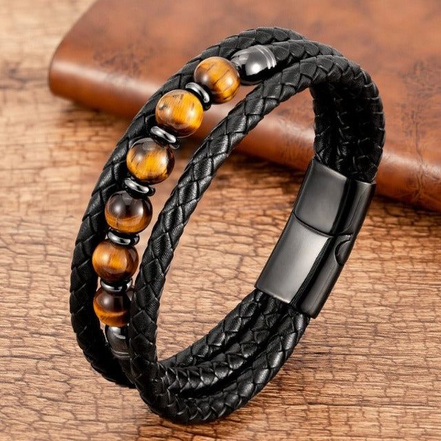 Mode Gewebe Drei-Schicht Round Stone Leather Cord Armband