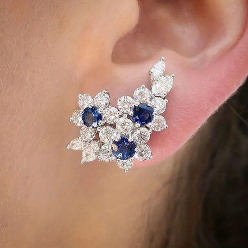 Blumenform 925 Silber beschichtet eingelegt Blau Sapphire Stud Ohrringe für Frauen Party Hochzeitsbanket Ohr Kletterer Ohrringe