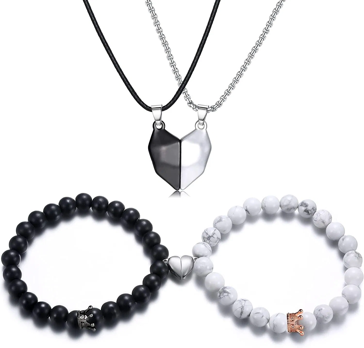4PCS Zwei Seelen ein Herz passende Halsketten Armbänder für Paare Magnet Wunschstein Halsketten Bandent Set Perlen geflochten verstellbare Armbänder gegenseitige Anziehung Freundschaft Paare