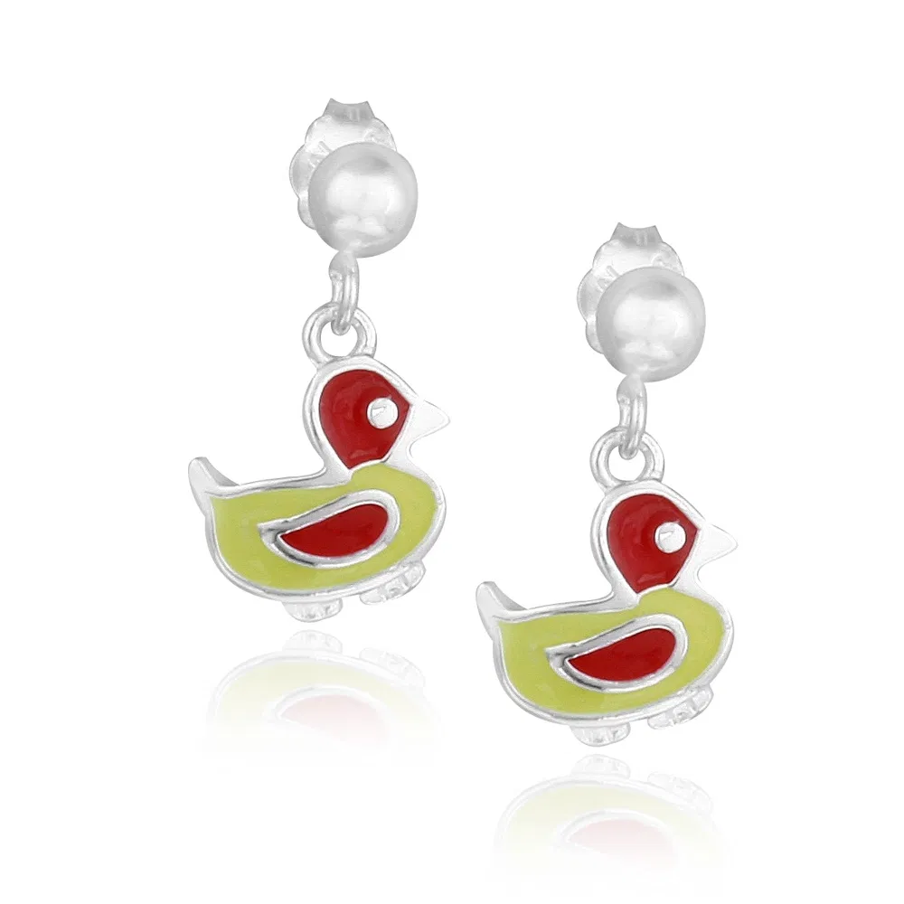 Sterling Silver Yellow & Red Enamel Duck Girls Dangle Ohrringe