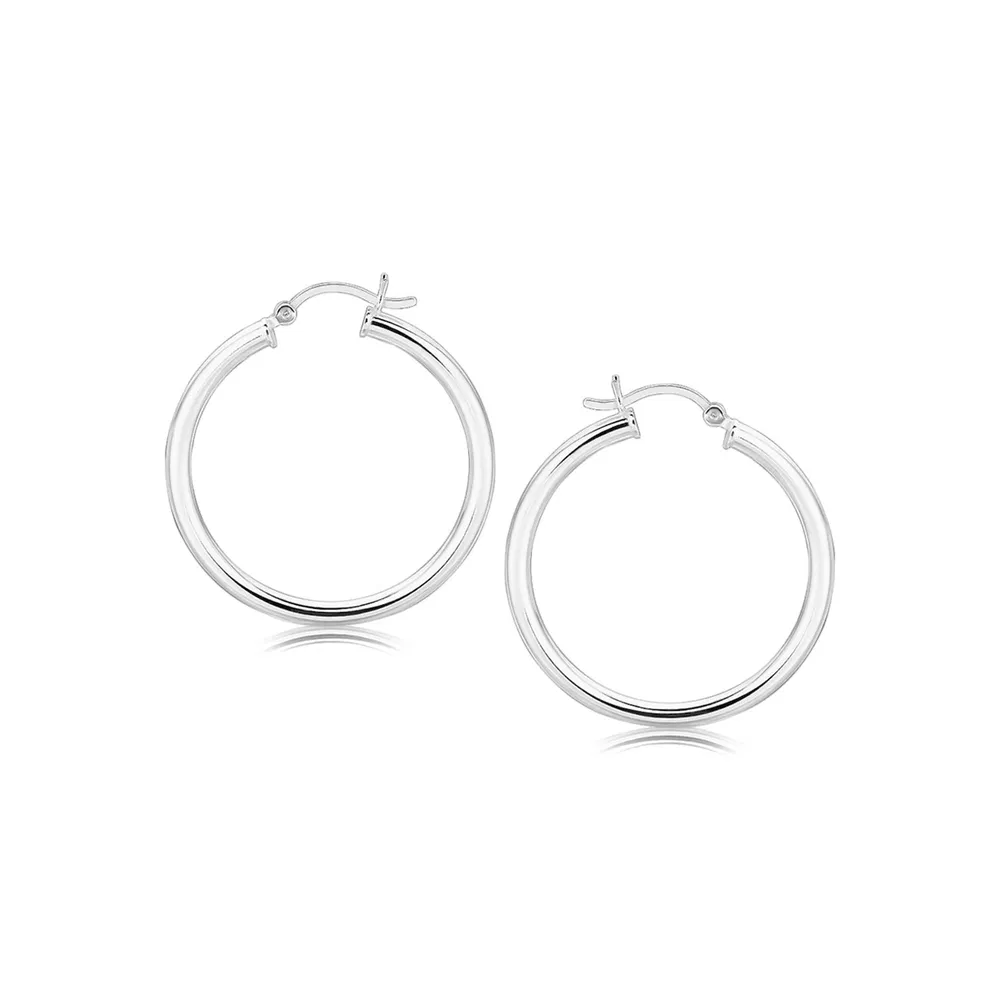 Sterling Silber Hoop-Stil - Ohrringe mit polierter Rhodiumplatzierung (3x30mm)