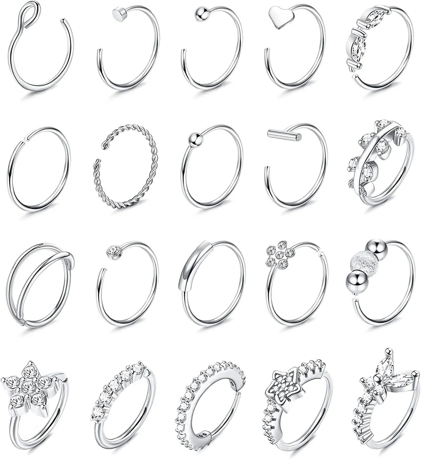 20pcs 20G Nasenringe Schleife für Frauen Männer 316L Edelstein gepflasterte CZ süße Schmetterling Knorpel Helix Ohrringe Schleife Lippen Septum Nasen Piercing Schmuck