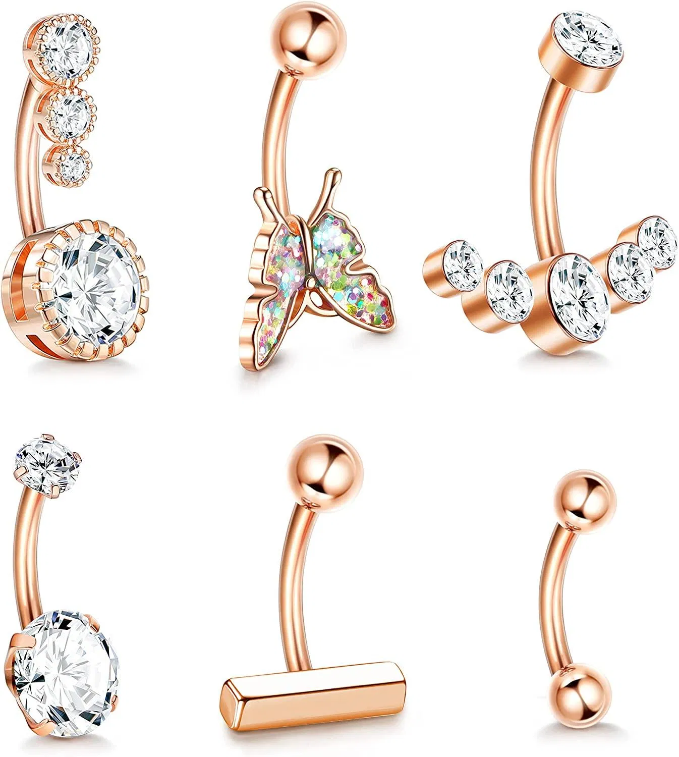 Frauen 14G Bauchknopfringe Dangle 316L Suigical Sparked CZ Curved Butterfly Bar Nabelringe Daity Simple Barbell Belly Piercing 6Pcs