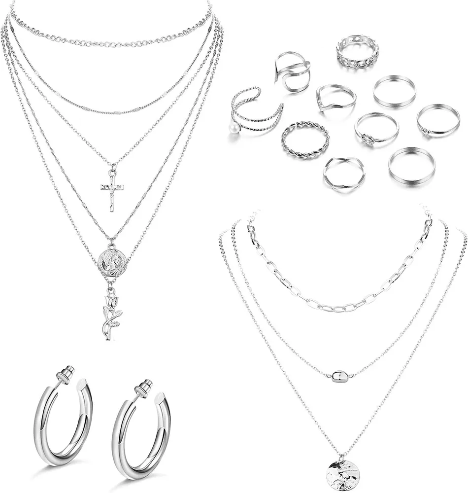 14 Stück Gold und Set mit offenen Schleifen Dicke Gold Ohrringe geschichtete Blumenmünze Halskette mehrere stapelbare Ringe für Frauen