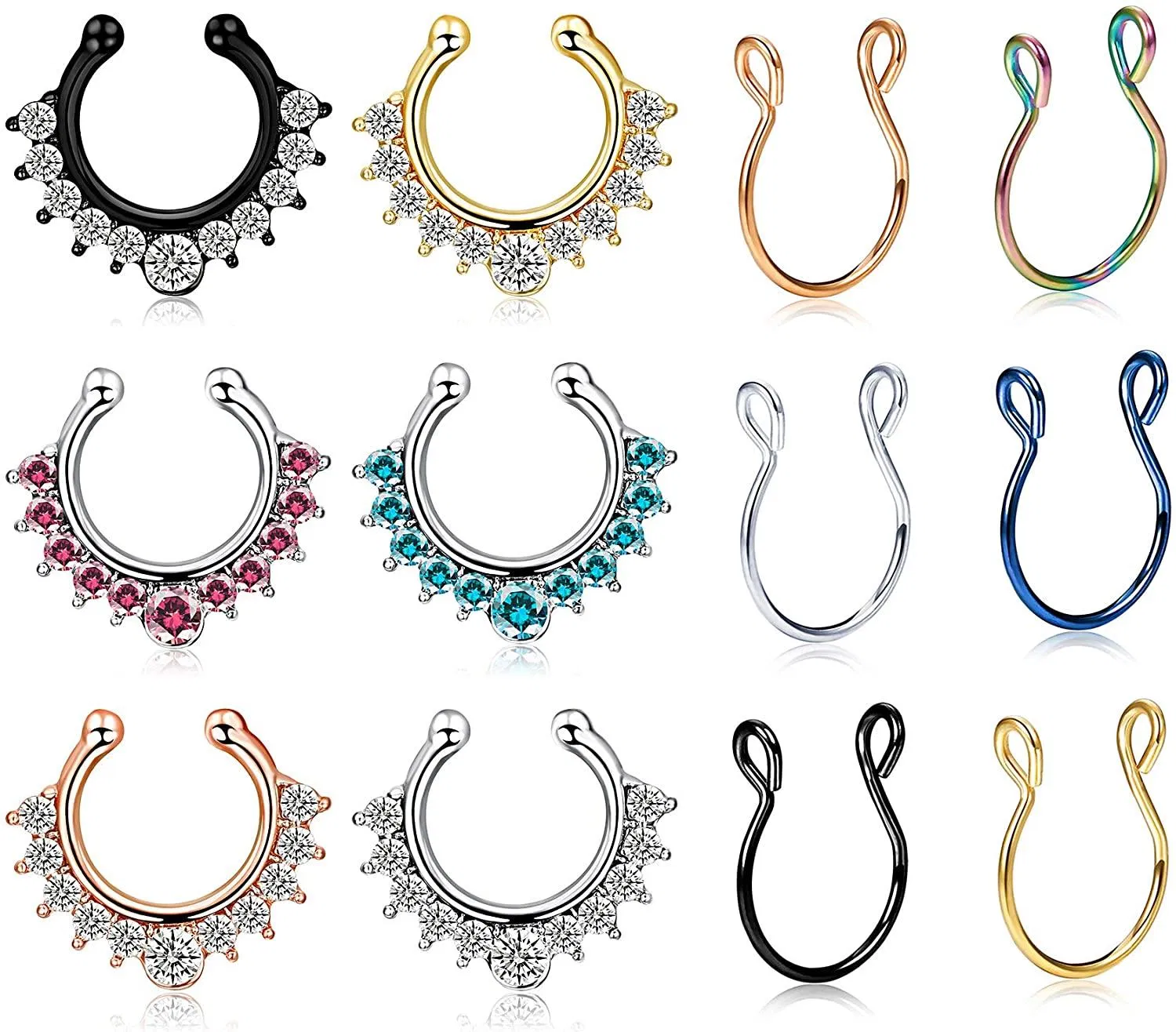 12PCS Falsche Nase Ringe Schleife Edelstahl Septum Ringe Nicht-Pierced Clip auf Nase Ohr Ringe Knorpel Tragus Körper Piercing Schmuck 20G