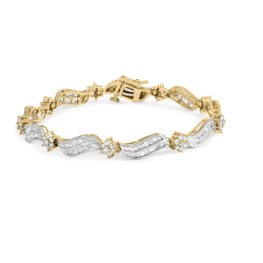 10 Karat Gelb und Weißgold 3,00 Cttw Diamant Cluster und Wellenlink Armband (I-J Farbe, I1 - I2 Klarheit) - 7,25