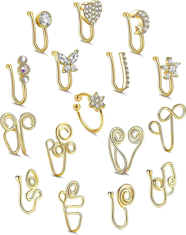 16Pcs Afrikanische Nase Manschette Nicht-Piercing für Frauen Männer Falsche Nase Ringe Piercing Schmetterling Blume Mond Stern Kristall Clip auf Nase Ring Nase für Nicht-Piercing Schmuck