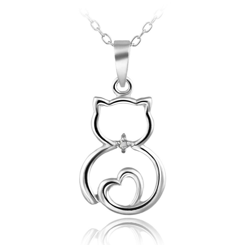 Sterling Silber Diamant Akzent Herz Katze Halskette