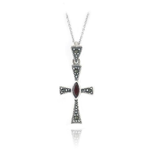 Sterling Silber Garnet & Marcasit Kreuz Halskette