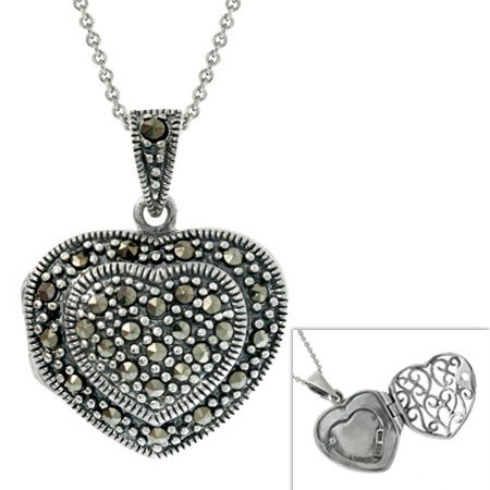 Sterling Silber Marcasite Puffed Heart Locket Anhänger