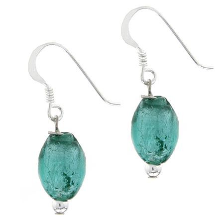 Sterling Silber Aqua Blue Glass Glitter Foil Perlen Oval Dangle Ohrringe