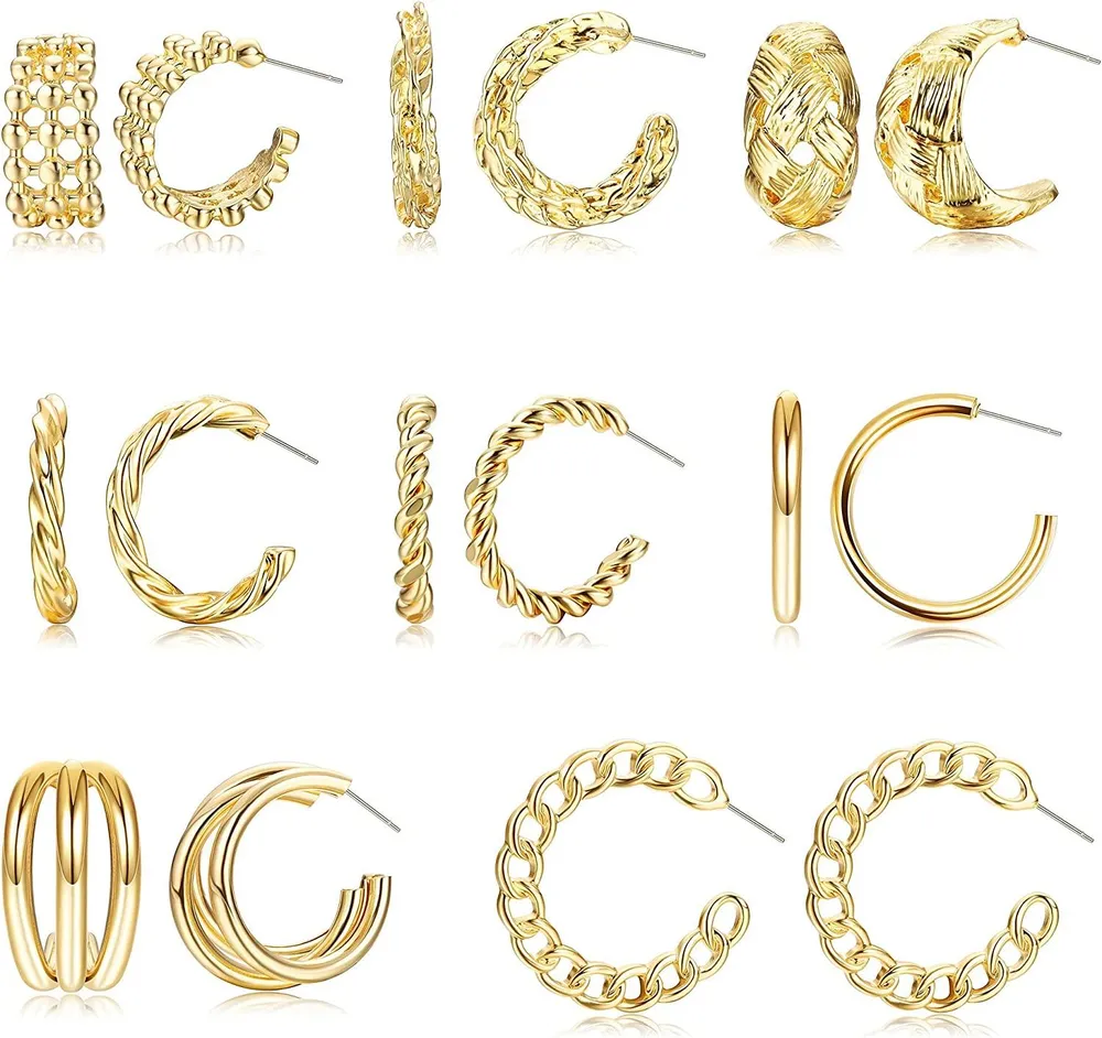8 Paare 14K Gold Hoop Ohrringe für Frauen Chunky Open Twist Wide Hoop Ohrringe Leichtgewicht