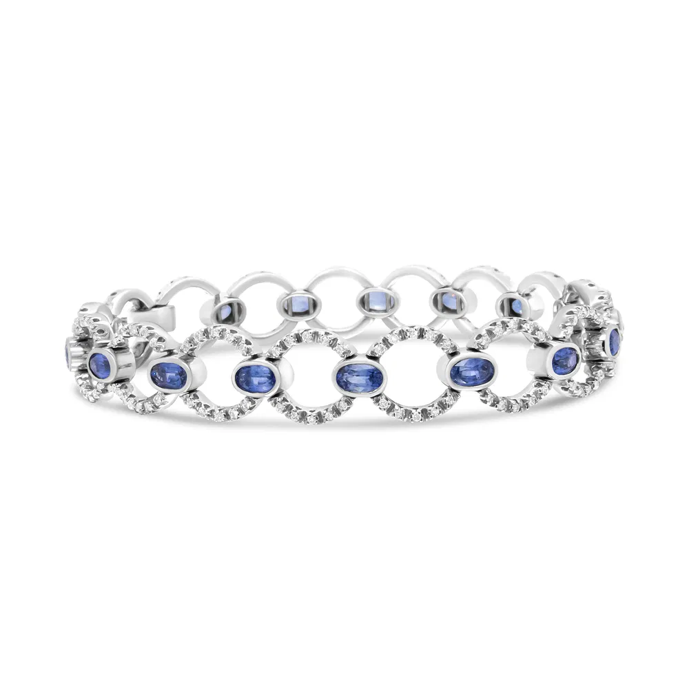 18 Karat Weißgold 6 Cttw Diamant und 5x3mm Oval Blue Sapphire Openwork Circle Link Armband (F-G Farbe, SI1 - SI2 Klarheit) - Größe 7